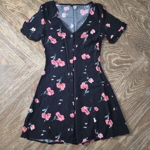 H&M Divided Black Floral Button Front Mini Dress US 2 XS XXS V Neck Fit & Flare